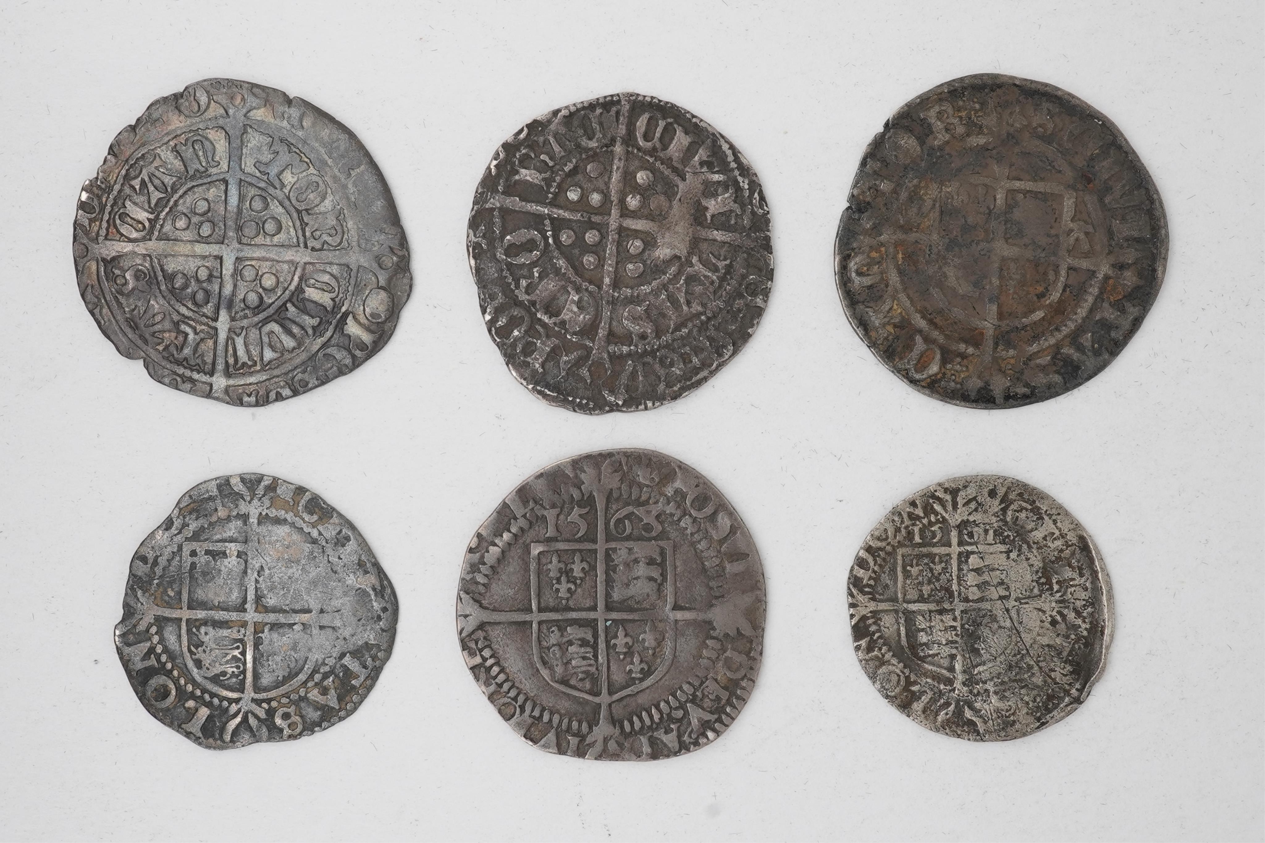 Six British hammered silver coins, House of Tudor, Henry VII (1485-1509), two halfgroats, mm. tun, Canterbury mint?and Archb. Savage, York mint, S. 2214, Henry VIII (1509-47), halfgroat, Elizabeth I (1558-1603), halfgroa